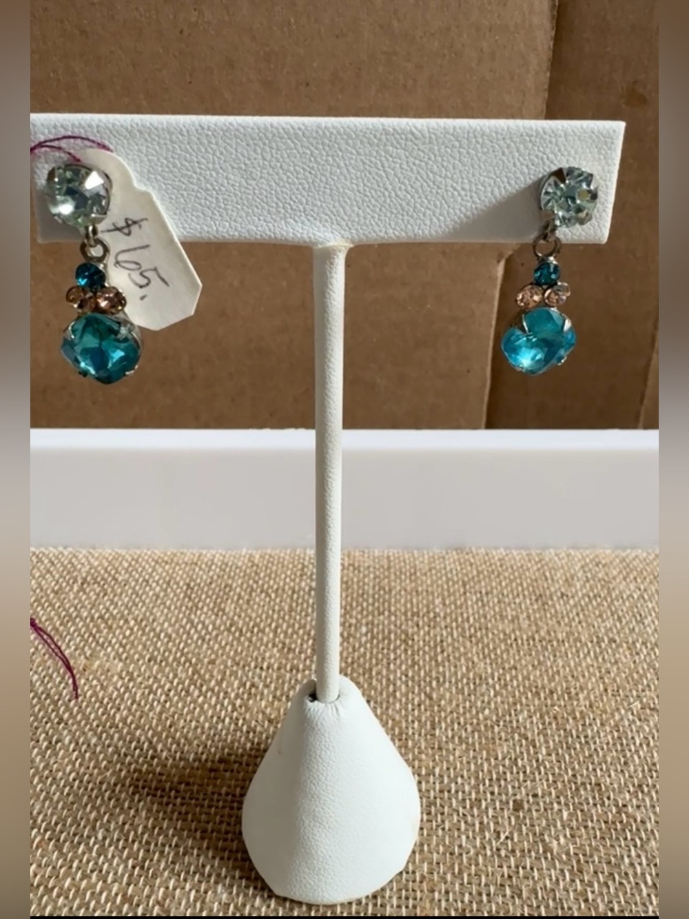 Crystal Drop Pierced Earrings — Turquoise, Peach and Clear Crystals